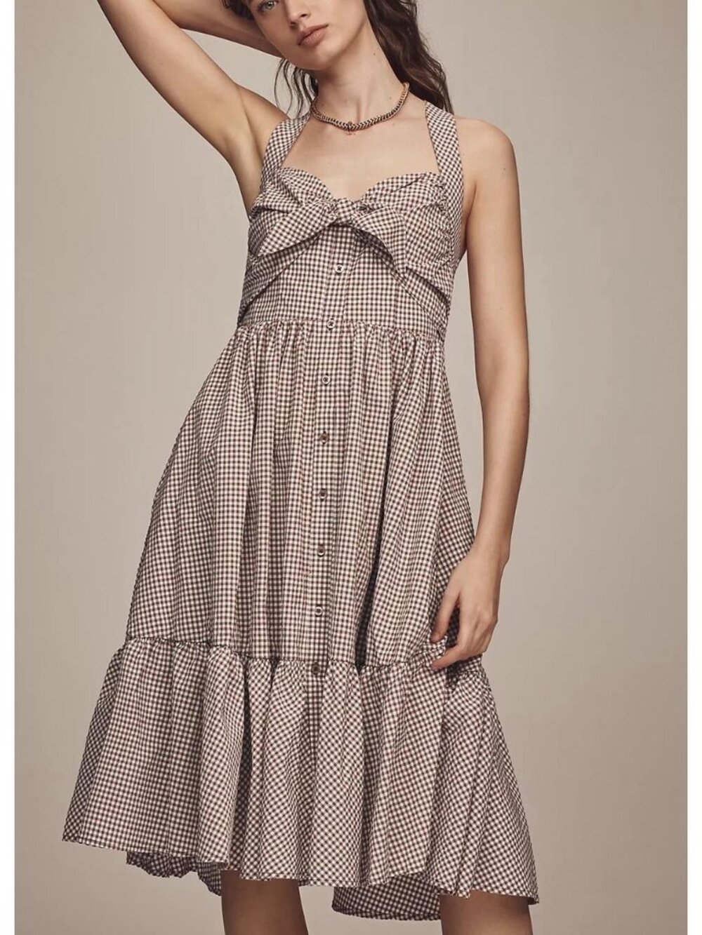 Maeve Brown Gingham Tie-Front Midi Dress